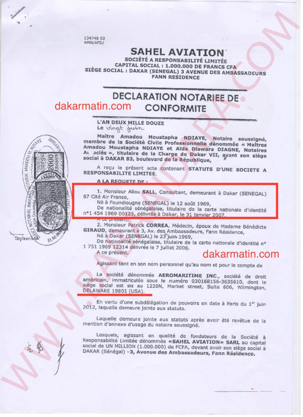 Création d’une entreprise d’aviation par Aliou Sall : Les preuves accablantes (Document) Création d’une entreprise d’aviation par Aliou Sall : Les preuves accablantes (Document)