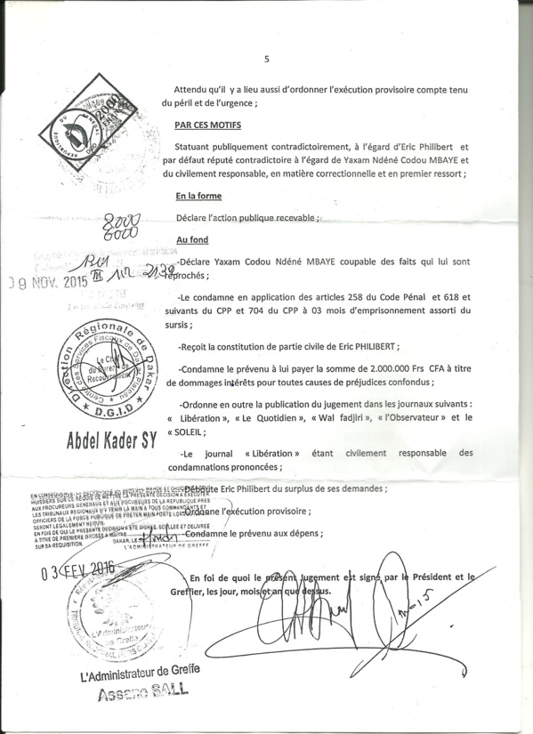 Diffamation : Éric Philibert rétablit son honneur… Yaxam Mbaye condamné Diffamation : Éric Philibert rétablit son honneur… Yaxam Mbaye condamné
