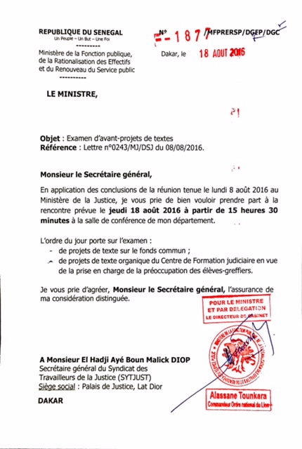 Le Syndicat des Travailleurs de la Justice dément le ministre et le DG de la Fonction Publique... Le Syndicat des Travailleurs de la Justice dément le ministre et le DG de la Fonction Publique...