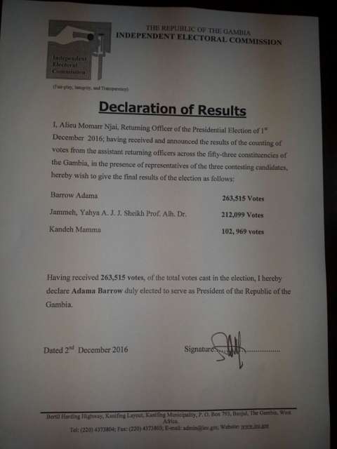 Présidentielle Gambie :  Adama Barrow déclaré vainqueur avec 263515 voix, contre 212 099 pour Yaya Jammeh 