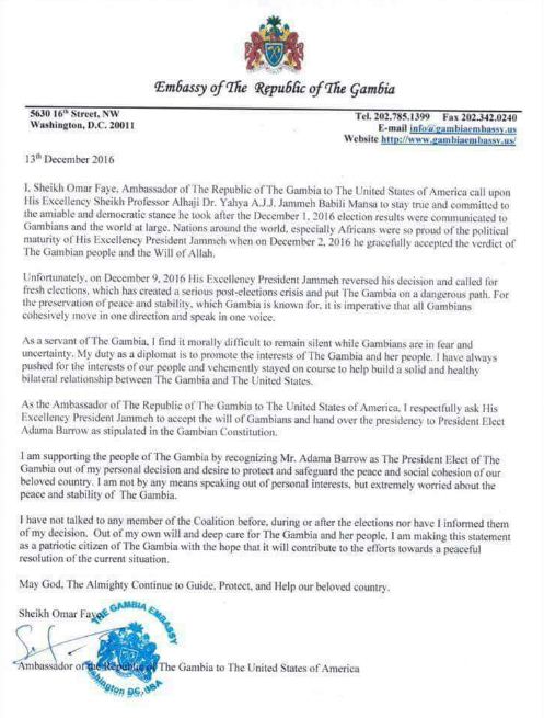 Sheikh Omar Faye, ambassadeur gambien aux USA : « Je demande respectueusement à Yahya Jammeh de rendre le pouvoir à Adama Barrow »
