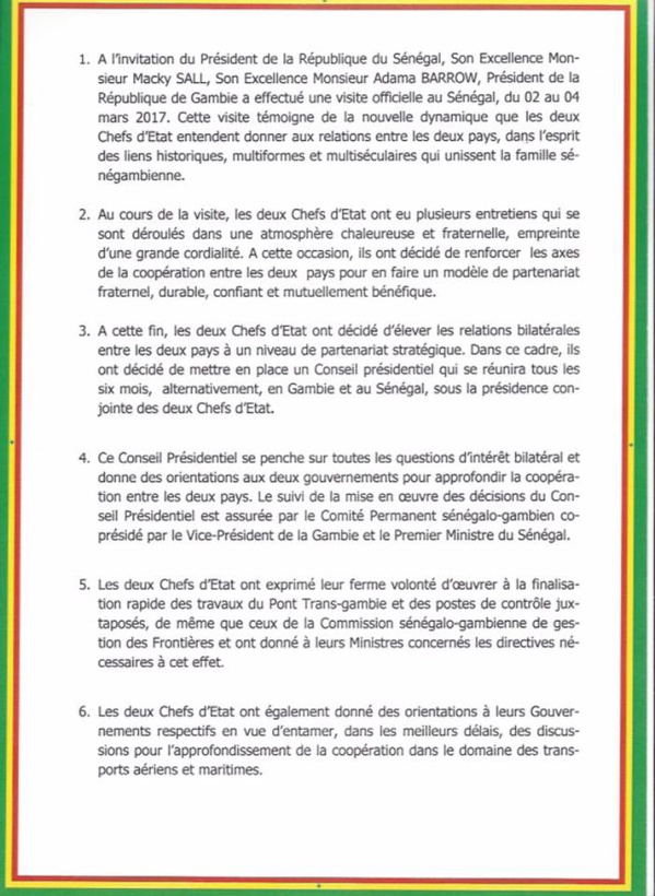 OFFICIEL: Communiqué conjoint Sénégal Gambie à l'issue de la visite officielle de Son Excellence Adama Barrow du 2 au 4 mars 2017 OFFICIEL: Communiqué conjoint Sénégal Gambie à l'issue de la visite officielle de Son Excellence Adama Barrow du 2 au 4 mars 2017