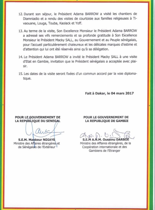 OFFICIEL: Communiqué conjoint Sénégal Gambie à l'issue de la visite officielle de Son Excellence Adama Barrow du 2 au 4 mars 2017 OFFICIEL: Communiqué conjoint Sénégal Gambie à l'issue de la visite officielle de Son Excellence Adama Barrow du 2 au 4 mars 2017