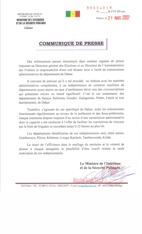 Arrêts commissions administratives de Dakar : les précisions du ministère de l'Intérieur