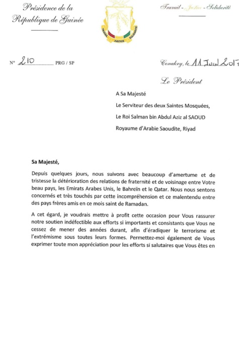 Crise diplomatique au Moyen-Orient : Alpha Condé offre sa médiation dans une lettre adressée au Serviteur des deux Saintes Mosquées saoudiennes Crise diplomatique au Moyen-Orient : Alpha Condé offre sa médiation dans une lettre adressée au Serviteur des deux Saintes Mosquées saoudiennes