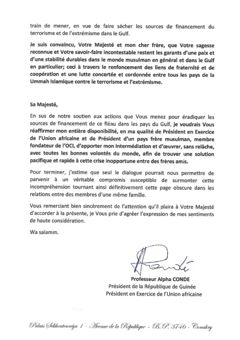 Crise diplomatique au Moyen-Orient : Alpha Condé offre sa médiation dans une lettre adressée au Serviteur des deux Saintes Mosquées saoudiennes Crise diplomatique au Moyen-Orient : Alpha Condé offre sa médiation dans une lettre adressée au Serviteur des deux Saintes Mosquées saoudiennes