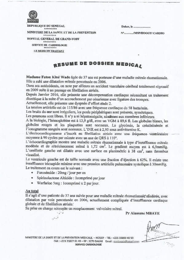 ​Fatou Kiné Wade (37 ans), nécessitant d’urgence une prothèse mécanique cardiaque, sollicite l’aide de Marième Faye Sall et des bonnes volontés ​Fatou Kiné Wade (37 ans), nécessitant d’urgence une prothèse mécanique cardiaque, sollicite l’aide de Marième Faye Sall et des bonnes volontés