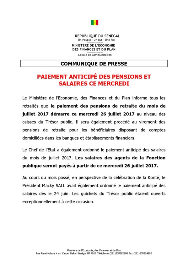 COMMUNIQUE DE PRESSE: Paiement anticipé des pensions et salaires, ce mercredi (Officiel) COMMUNIQUE DE PRESSE: Paiement anticipé des pensions et salaires, ce mercredi (Officiel)