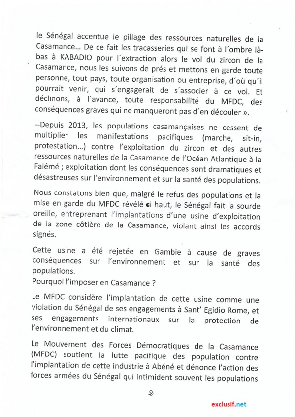 Exploitation du Zircon en Casamance: Les rebelles du MFDC s'opposent et menacent (Documents) Exploitation du Zircon en Casamance: Les rebelles du MFDC s'opposent et menacent (Documents)