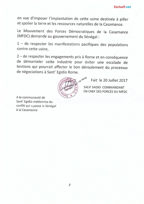 Exploitation du Zircon en Casamance: Les rebelles du MFDC s'opposent et menacent (Documents) Exploitation du Zircon en Casamance: Les rebelles du MFDC s'opposent et menacent (Documents)