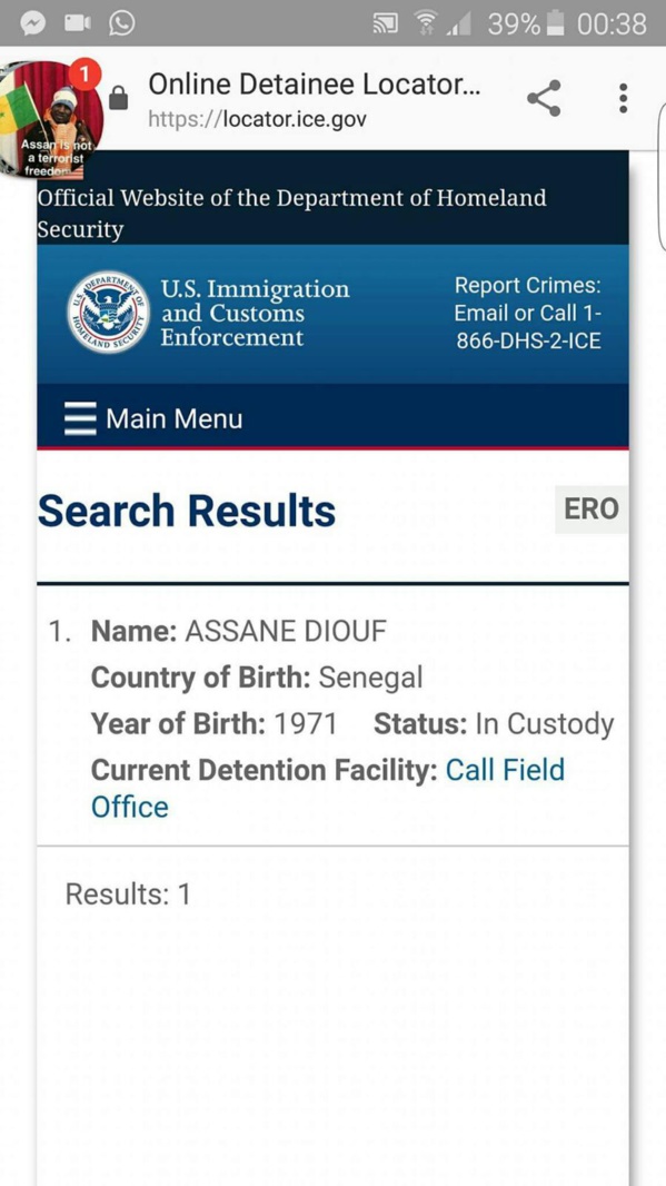 URGENT- Assane Diouf est détenu dans les locaux des services de l'ICE (Service de l’Immigration et des Douanes; U.S. Immigration and Customs Enforcement, en anglais) URGENT- Assane Diouf est détenu dans les locaux des services de l'ICE (Service de l’Immigration et des Douanes; U.S. Immigration and Customs Enforcement, en anglais)