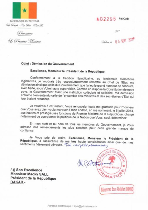 La lettre de démission du Premier ministre sortant (document)