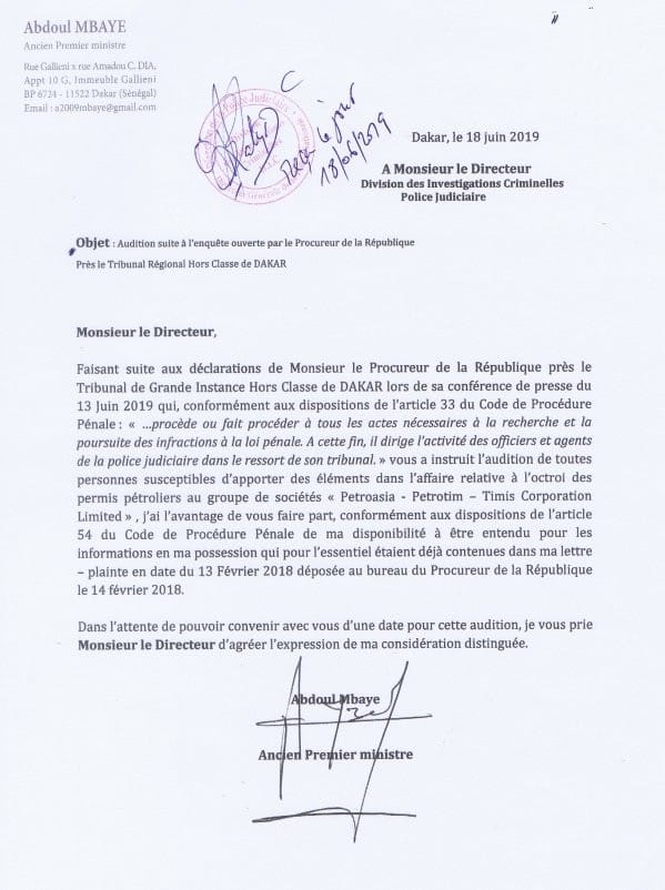 Affaire Petro-Tim : Abdoul Mbaye adresse une lettre à la Dic pour... Affaire Petro-Tim : Abdoul Mbaye adresse une lettre à la Dic pour...