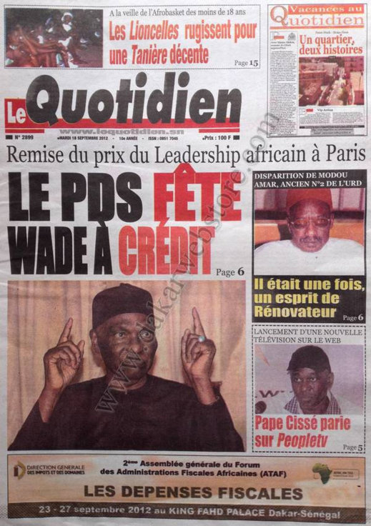 A la Une du Journal Le Quotidien du 18 Septembre A la Une du Journal Le Quotidien du 18 Septembre