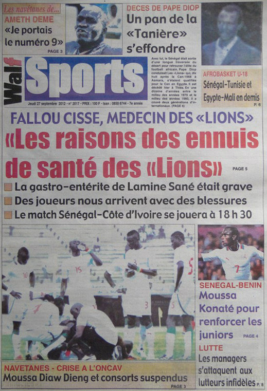 A la Une du Journal Walf Sports du 27 Septembre A la Une du Journal Walf Sports du 27 Septembre