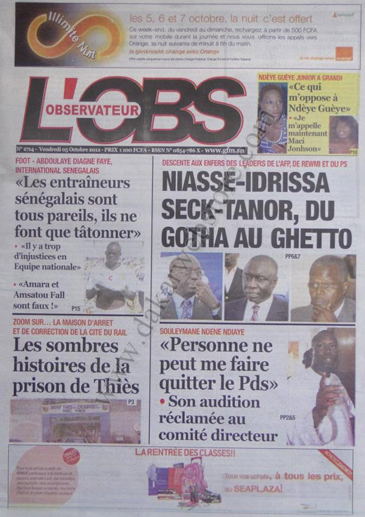 A la Une du Journal L'Observateur du 05 Octobre A la Une du Journal L'Observateur du 05 Octobre