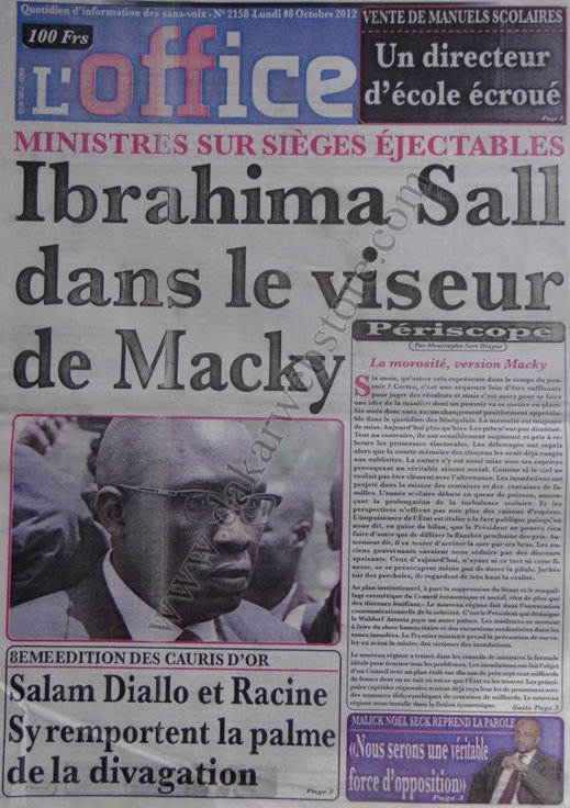 A la Une du Journal L'Office du 08 Octobre A la Une du Journal L'Office du 08 Octobre