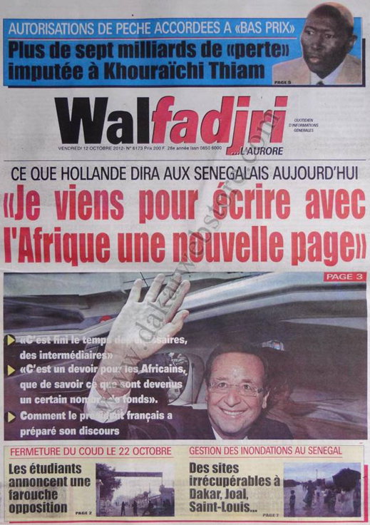 A la Une du Journal Walfadjri du 12 Octobre A la Une du Journal Walfadjri du 12 Octobre