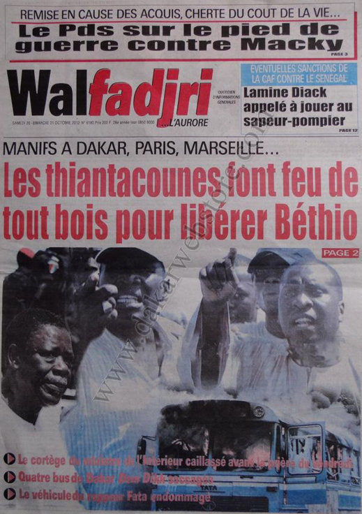 A la Une du Journal Walfadjri du 20 Octobre A la Une du Journal Walfadjri du 20 Octobre