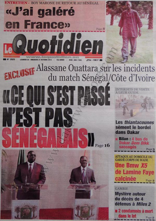 A la Une du Journal Le Quotidien du 20 Octobre A la Une du Journal Le Quotidien du 20 Octobre