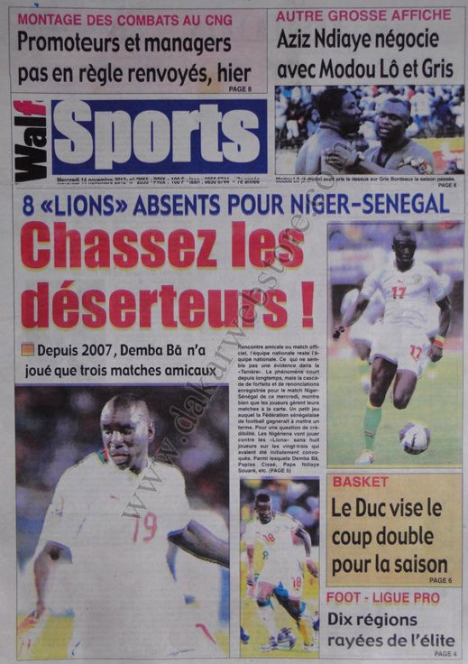 A la Une du Journal Walf Sports du 14 Novembre A la Une du Journal Walf Sports du 14 Novembre