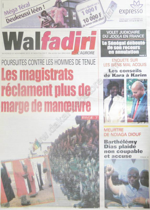 A la Une du Journal Walfadjri du 21 Novembre A la Une du Journal Walfadjri du 21 Novembre
