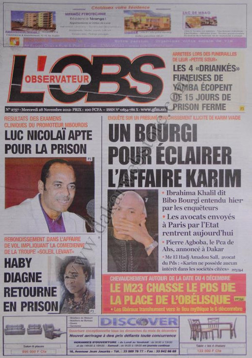 A la Une du Journal L'observateur du 28 Novembre A la Une du Journal L'observateur du 28 Novembre
