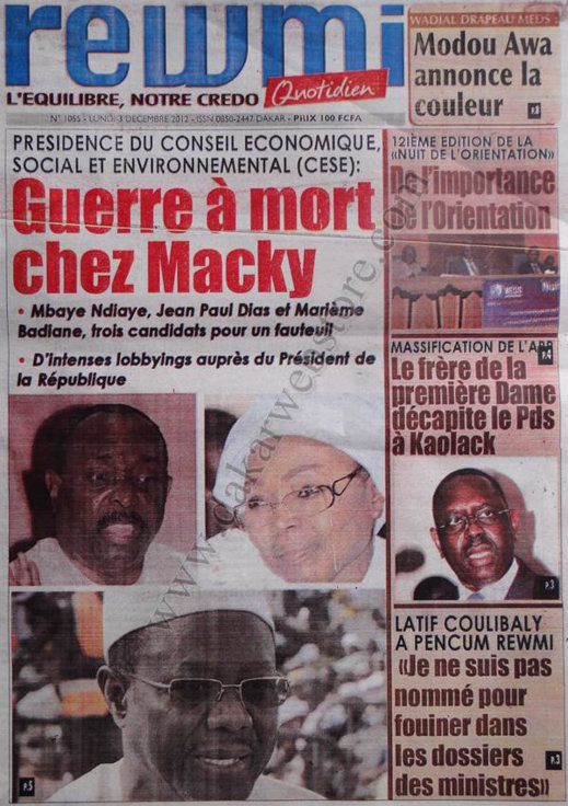 A la Une du Journal Rewmi Quotidein du 03 Décembre 2012 A la Une du Journal Rewmi Quotidein du 03 Décembre 2012