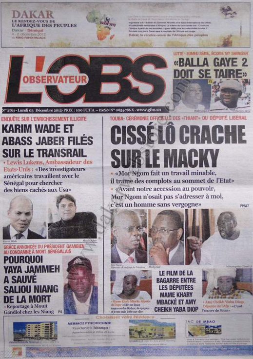 A la Une du Journal L'Observateur du 03 Décembre 2012 A la Une du Journal L'Observateur du 03 Décembre 2012