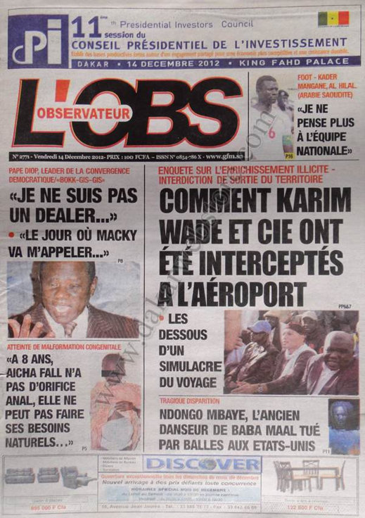 A la Une du Journal L'Observateur du Vendredi 14 Décembre 2012 A la Une du Journal L'Observateur du Vendredi 14 Décembre 2012