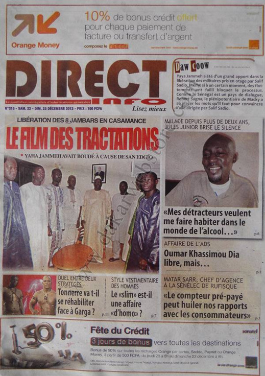 A la Une du Journal Direct Info du Samedi 22 décembre 2012 A la Une du Journal Direct Info du Samedi 22 décembre 2012