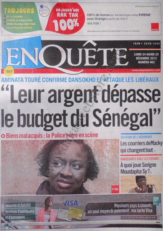 A la Une du Journal L’Enquête du lundi 24 Décembre 2012 A la Une du Journal L’Enquête du lundi 24 Décembre 2012