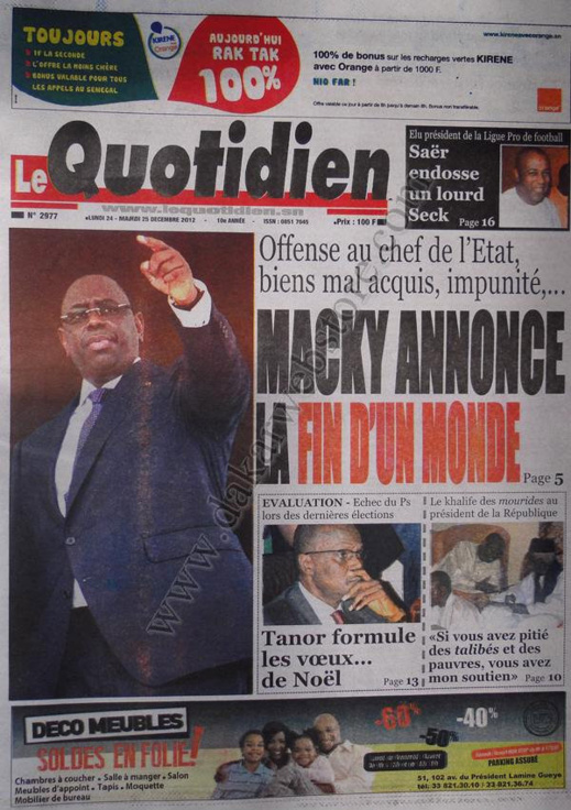 A la Une du Journal Le Quotidien du lundi 24 Décembre 2012 A la Une du Journal Le Quotidien du lundi 24 Décembre 2012