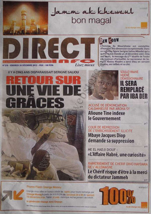 A la Une du Journal Direct Info du vendredi 28 décembre 2012 A la Une du Journal Direct Info du vendredi 28 décembre 2012