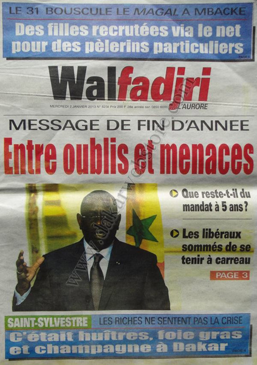 A la Une du Journal Walfadjri du mercredi 02 Janvier 2012 A la Une du Journal Walfadjri du mercredi 02 Janvier 2012