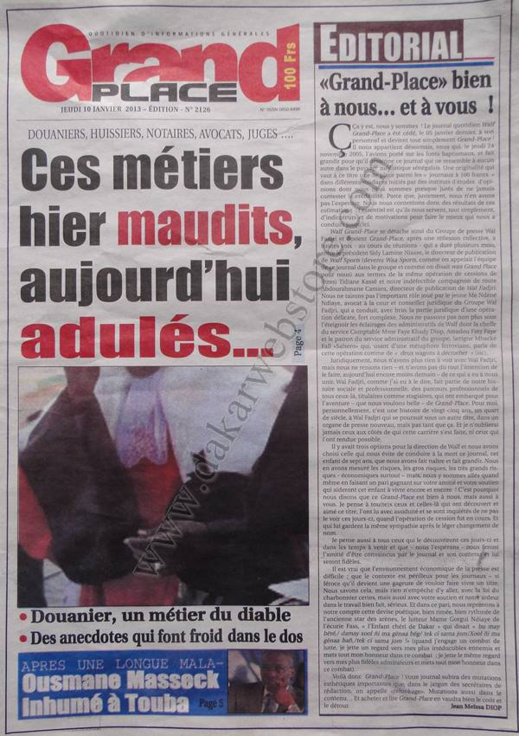 A la Une du Journal Walf Grand Place du jeudi 10 janvier 2013 A la Une du Journal Walf Grand Place du jeudi 10 janvier 2013