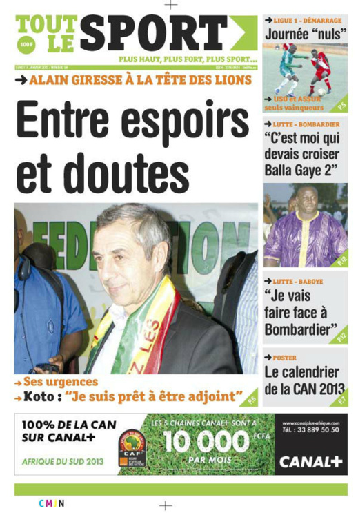 A la Une du Journal Tout Le sport du lundi 14 janvier 2013 A la Une du Journal Tout Le sport du lundi 14 janvier 2013