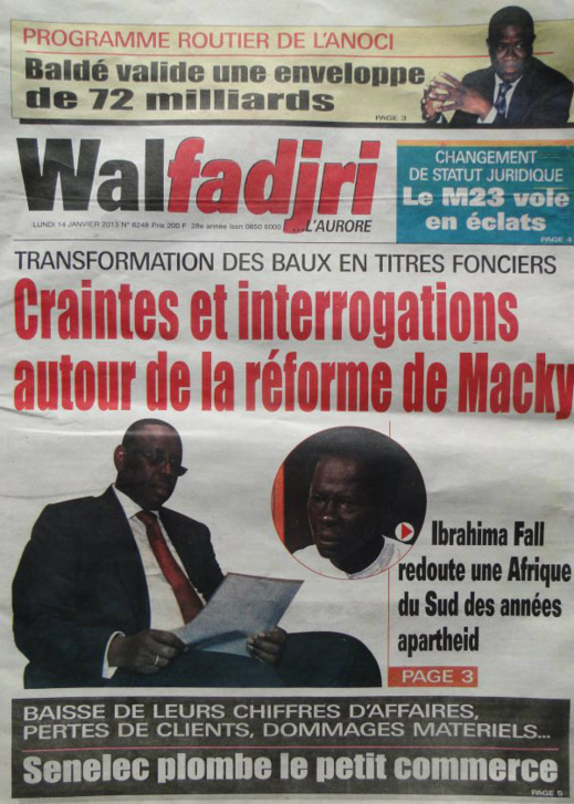 A la Une du Journal Walfadjri du lundi 14 janvier 2013 A la Une du Journal Walfadjri du lundi 14 janvier 2013