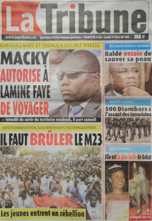 A la Une du Journal La Tribune du lundi 14 janvier 2013 A la Une du Journal La Tribune du lundi 14 janvier 2013