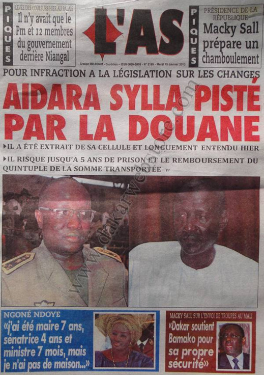 A la Une du Journal L'As du mardi 15 janvier 2013 A la Une du Journal L'As du mardi 15 janvier 2013