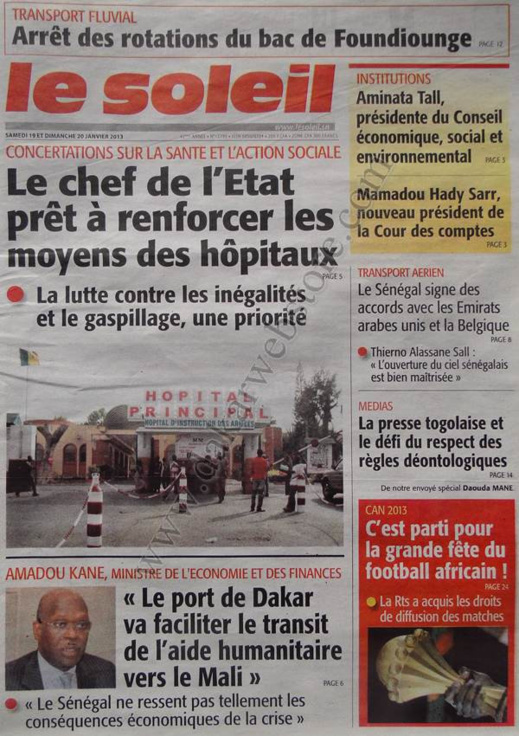 A la Une du Journal Le Soleil du Samedi 19 janvier 2013 A la Une du Journal Le Soleil du Samedi 19 janvier 2013