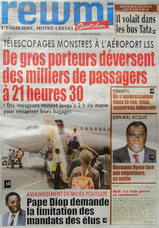 A la Une du Journal Rewmi du mardi 29 janvier 2013 A la Une du Journal Rewmi du mardi 29 janvier 2013