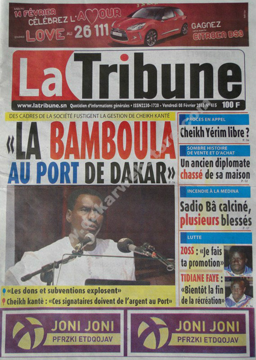 A la Une du Journal La Tribune du vendredi 08 février 2013 A la Une du Journal La Tribune du vendredi 08 février 2013