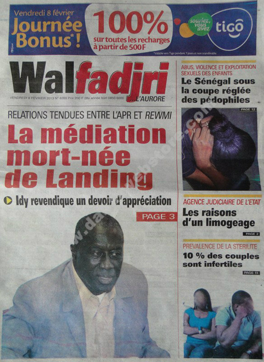 A la Une du Journal Walfadjri du vendredi 08 février 2013 A la Une du Journal Walfadjri du vendredi 08 février 2013
