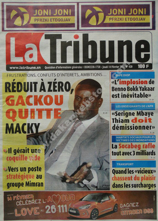 A la Une du Journal La Tribune du jeudi 14 février 2013 A la Une du Journal La Tribune du jeudi 14 février 2013