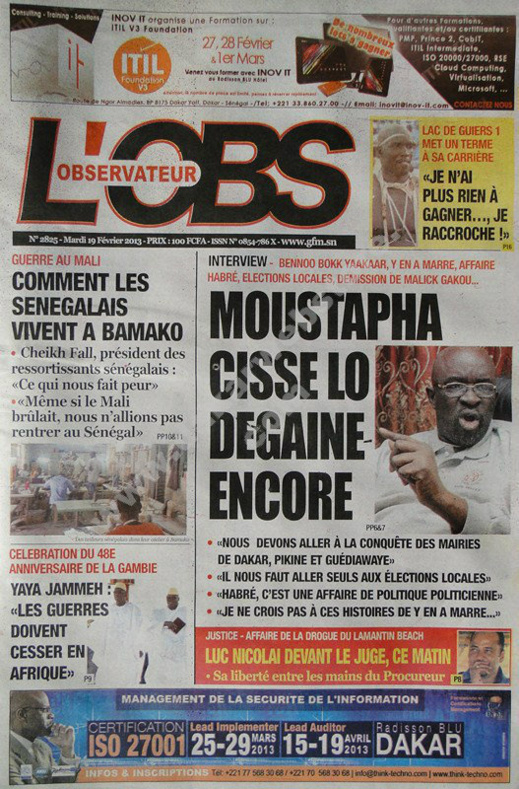 A la Une du Journal L'Observateur du mardi 19 février 2013 A la Une du Journal L'Observateur du mardi 19 février 2013
