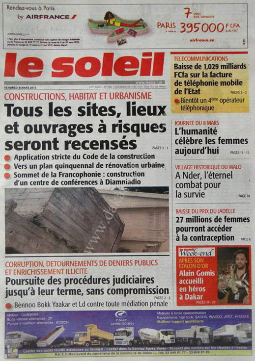 A la Une du Journal Le Soleil du vendredi 08 Mars 2013 A la Une du Journal Le Soleil du vendredi 08 Mars 2013