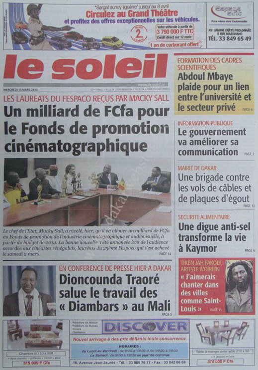 A la Une du Journal Le Soleil du mercredi 13 mars 2013 A la Une du Journal Le Soleil du mercredi 13 mars 2013