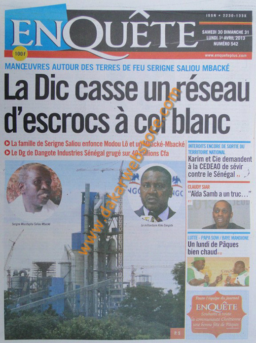 A la Une du journal EnQuête du Samedi 30 mars 2013 A la Une du journal EnQuête du Samedi 30 mars 2013