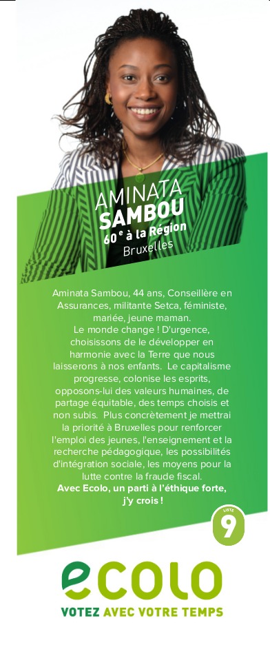 Belgique : Investie sur la liste Ecolo à la Région de Bruxelles, la Belgo-sénégalaise Aminata Sambou décline ses priorités Belgique : Investie sur la liste Ecolo à la Région de Bruxelles, la Belgo-sénégalaise Aminata Sambou décline ses priorités